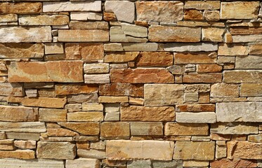 Stone wall with natural rock   bricks of dfferent shapes. Colors are shades of brown, white and gray. Background and texture