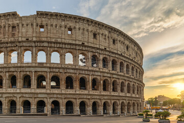 Rome Italy, sunset city skyline at Rome Colosseum