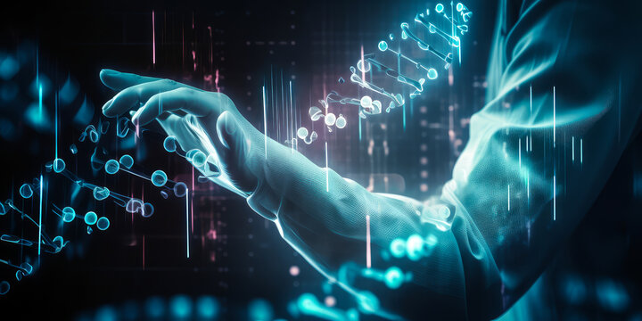 Captivating image: man's hand maneuvering holographic DNA strand, scientist in white lab coat background. Embodying genetic excellence & biotech innovation emotions. Generative AI