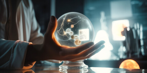 Captivating image of a physicist's hand skillfully maneuvering a virtual astronomical system, showcasing breakthroughs in the unified theory – evoking awe and wonder. Generative AI