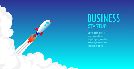 Business Startup Concept. Rocket space ship take off. Rocket launches in space flying. Vector illustration.