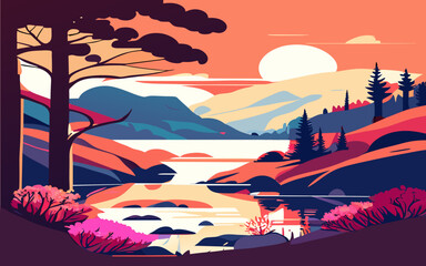 A natural forest rich with sunsets, forests, water and animals. Generative AI