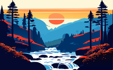 A natural forest rich with sunsets, forests, water and animals. Generative AI
