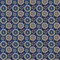 Abstract trendy seamless pattern rotary wheel rotate round circle repetition navy blue fabric fashion wallpaper background vector