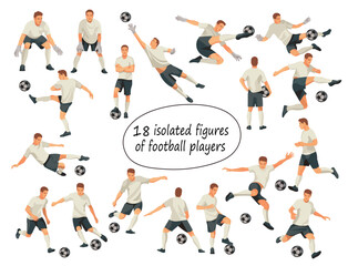Set of 18 vector isolated figures of football players and goalkeepers jumping, running, kicking the ball, standing in goal in white uniforms