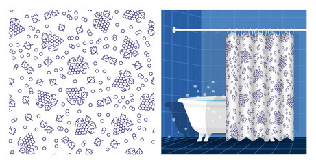 Bathroom interior with bathtub and curtain decorated juicy bunch of grapes with leaves and tendrils. Vector