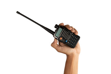 Black male hand holding a walkie-talkie isolated on white