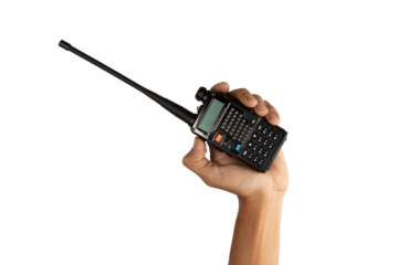 Black male hand holding a walkie-talkie isolated on white