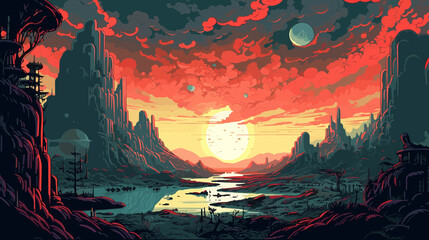 Fototapeta na wymiar Beautiful Sunset on a Distant Planet, Digital Art