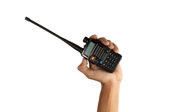 Black male hand holding a walkie-talkie isolated on white - Powered by Adobe