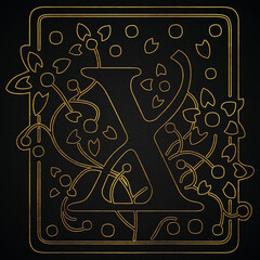 Golden Elegant decorative capital letters alphabet text "X" Design.