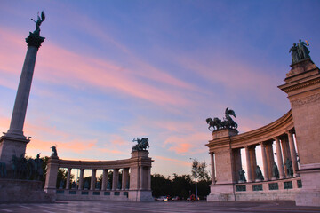 Fototapeta na wymiar The Heroes Square and the Millennium Monument at Dusk - Budapest, Hungary