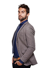 Fototapeta premium Portrait, serious fashion and man in suit standing isolated on a transparent png background. Cool, model and confident person with hand in pocket from Australia in stylish, trendy and classy clothes.