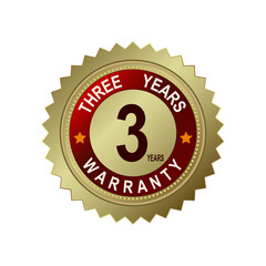 Round and rectangular emblems of golden color with text for three years of warranty