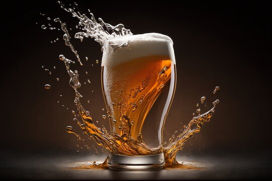 Glass of beer with splash. Beer splashes on dark background. Pouring beer. Generative AI