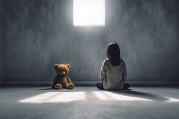 Girl sitting with teddy bear and facing an empty wall. Depression, autism concept. Generative AI