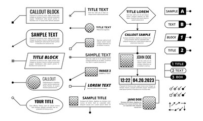 Callout titles. Text box with line arrows, lower third graphic. Infographics info shapes, textboxes. Call out vector isolated set