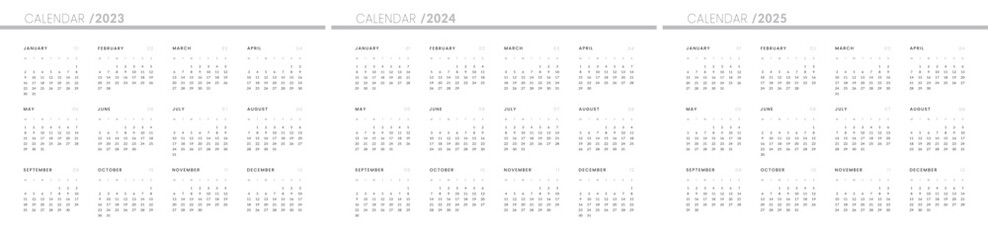 Set of 2023-2025 Annual Calendar template. Vector layout of a wall or desk simple calendar with week start monday.