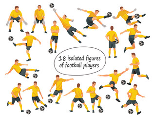 Set of 18 vector isolated figures of football players and goalkeepers team in yellow sports uniform jumping, running, kicking the ball, standing in goal on white background