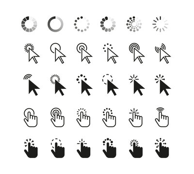 Pointer Click Cursor Icon. Web Outline Pictogram Cursors Arrow, Computer Hand, Finger And Wait Loading Circle Symbol. Digital Website Tools. Vector Set