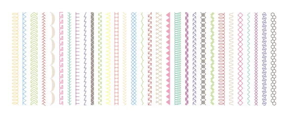 Fotobehang Sew stitch. Colorful seamless pattern brush embroidery thread seam, fabric sewing machine stitches line border, textile seam. Needlework. Vector set © Foxy Fox