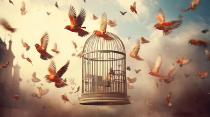 Bird cage empty, bird escape, freedom concept, Generative AI
