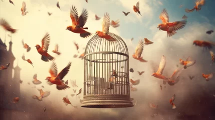 Deurstickers Bird cage empty, bird escape, freedom concept, Generative AI © Rawf8