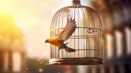Bird cage empty, bird escape, freedom concept, Generative AI © Rawf8