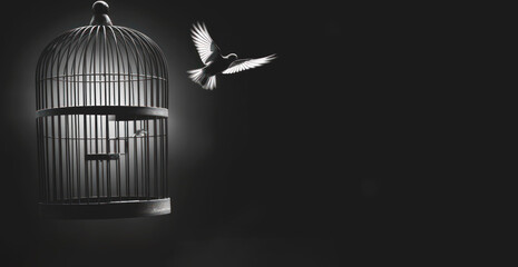 Bird cage empty, bird escape, freedom concept, Generative AI