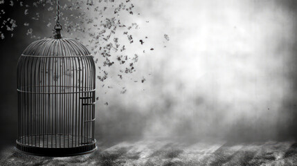 Bird cage empty, bird escape, freedom concept, Generative AI