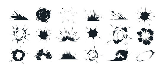 Fototapeta premium Cartoon explode effects. Speed comic explosive smoke, boom effect, air motion steam energy, lightning and sparks. Bang motion. Vector set