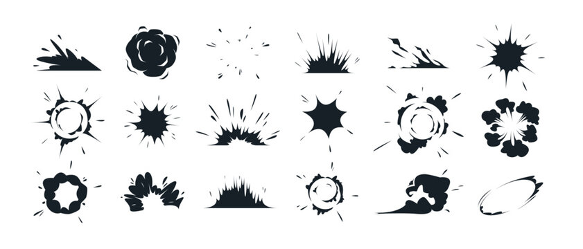 Cartoon explode effects. Speed comic explosive smoke, boom effect, air motion steam energy, lightning and sparks. Bang motion. Vector set