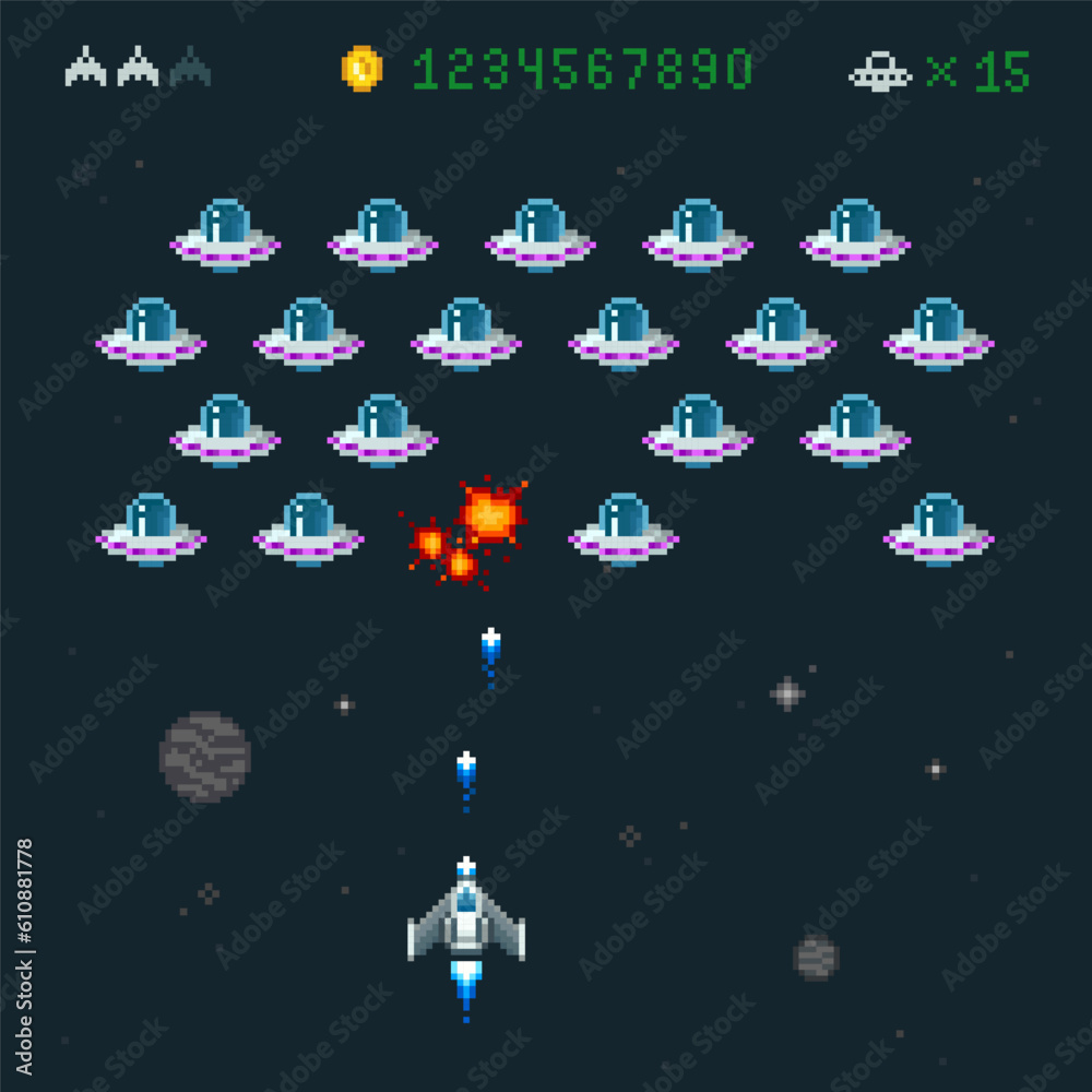 Poster screen of space arcade in 8-bit retro video game style. space battle of spaceship vs ufo flying sauc
