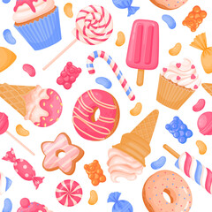 Seamless sweets pattern. Cartoon dessert background, food pastry wallpaper, donut, nice cupcake, ice cream texture, candy and cookie print. Vector illustration