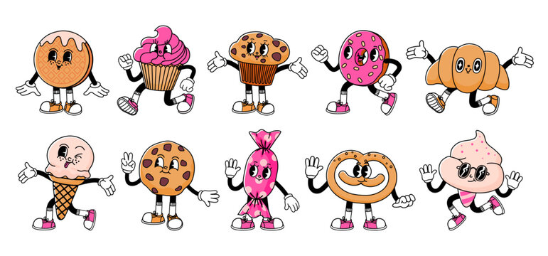 Retro dessert character. Cute cartoon mascot sweets, smile walking sweet food, funny face ice cream, vintage cupcake, donut and wafer, bakery characters vector set