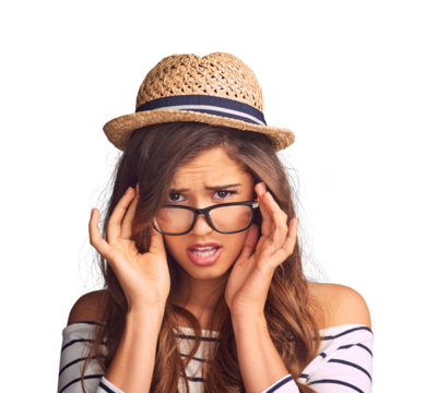 Shock, portrait and confused woman with glasses, hat and fashion for travel, vacation or holiday on isolated, png or transparent background. Girl, surprise or doubt for gossip, announcement or news