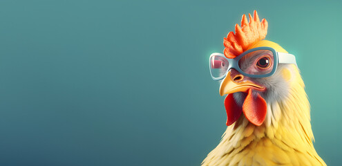 Creative animal concept. Chicken hen in sunglass shade glasses isolated on solid pastel background, commercial, editorial advertisement, surreal surrealism. 