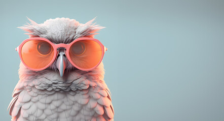 Creative animal concept. Owl bird in sunglass shade glasses isolated on solid pastel background, commercial, editorial advertisement, surreal surrealism. 