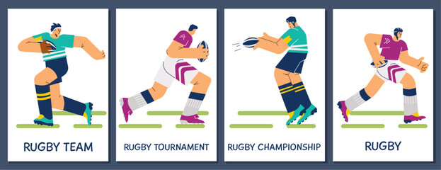 Rugby game banners or cards mockups with players, cartoon vector illustration.