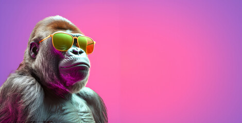 Creative animal concept. Gorilla in sunglass shade glasses isolated on solid pastel background, commercial, editorial advertisement, surreal surrealism. 
