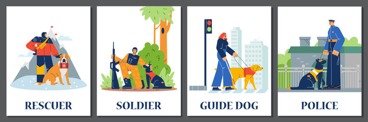 Set of posters or vertical banners about various assistance dogs flat style