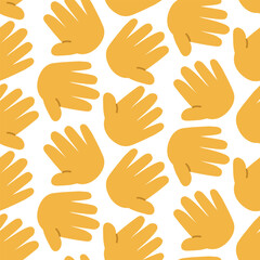 Obraz premium A pattern with a large yellow rounded cartoon hand that shows the palm. Give me five. Greetings, support. Lots of hands. Trendy print for fabric, paper, wallpaper for smartphones