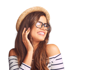 Happiness, glasses and hat with woman with beauty in png with isolated transparent background with travel. Nerd, face and female person with frames and smile with for vision on vacation or travel.