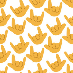 A pattern from the American sign language I love you. Yellow rounded cartoon hands, show the sign. Lots of hands. Trendy print for fabric, paper, wallpaper for smartphones.