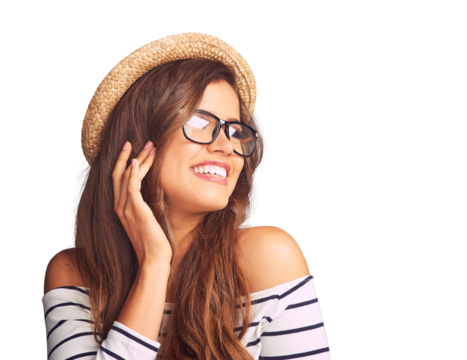 Happiness, glasses and hat with woman with beauty in png with isolated transparent background with travel. Nerd, face and female person with frames and smile with for vision on vacation or travel.