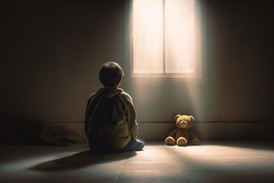 Boy sitting with teddy bear and facing an empty wall. Depression, autism concept. Generative AI