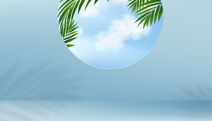 Fototapeta na wymiar Summer background,Empty Blue Studio Background Display with Palm Leaves,Cloud,Blue Sky on Window for Cosmetic Product,Vector Mock Up Backdrop scene for Web Banner,Sale Shop online Presentation
