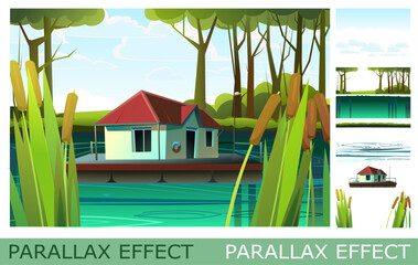 Floating house on lake. set of slides create parallax image layer. Cartoon style. Isolated on white background. Vector.