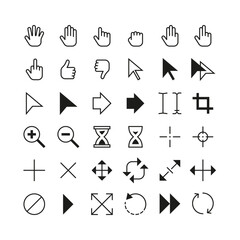 Pointer cursor. Mouse arrow icon pointers, black selection and edit tool cursors. Hand click, skip and swipe symbols editable stroke isolated vector set