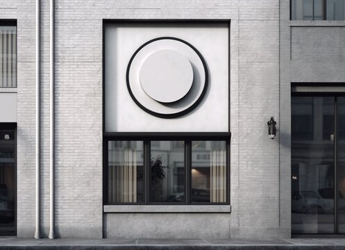 Singboard Mock up Template for Your Design. Empty white circle sign in front of Building. Generative Ai.